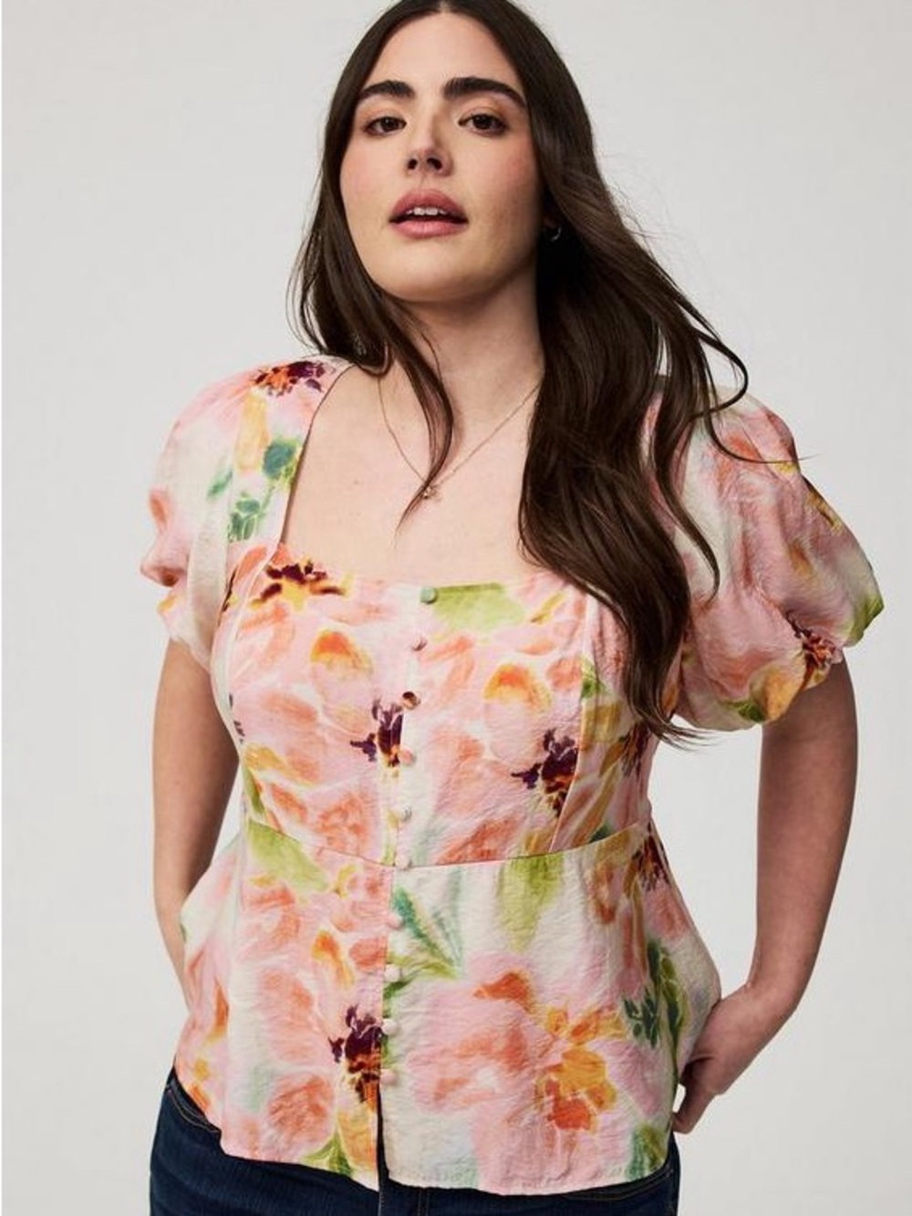 Torrid Peplum Square Neck Babydoll Top Puff Sleeve Romantic Floral 1X